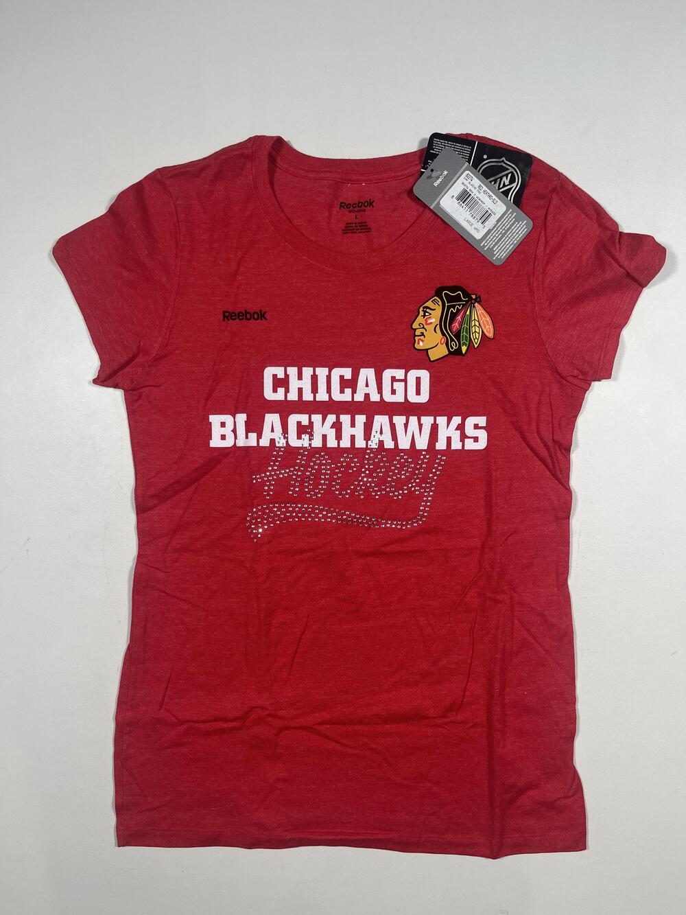 New Chicago Blackhawks Shirt Womens Large Red NHL Hockey Reebok Rhinestone Tee